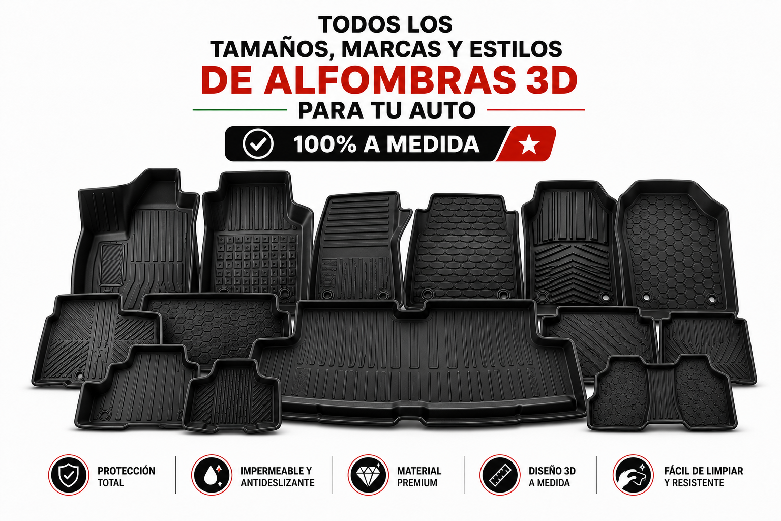 Todos los tamaños, marcas y estilos de alfombras 3D para tu auto